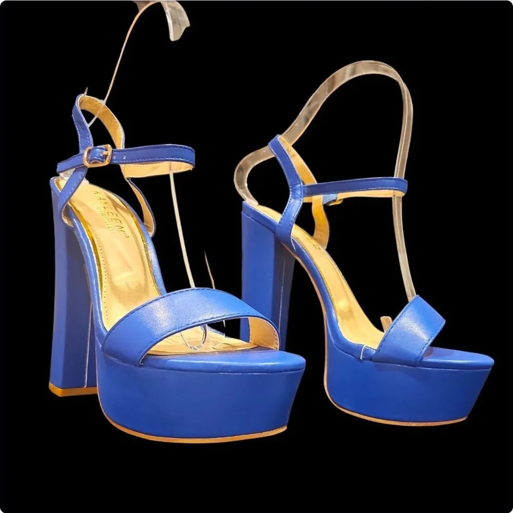 Blue Platform High Heel Ankle Strap Sandals